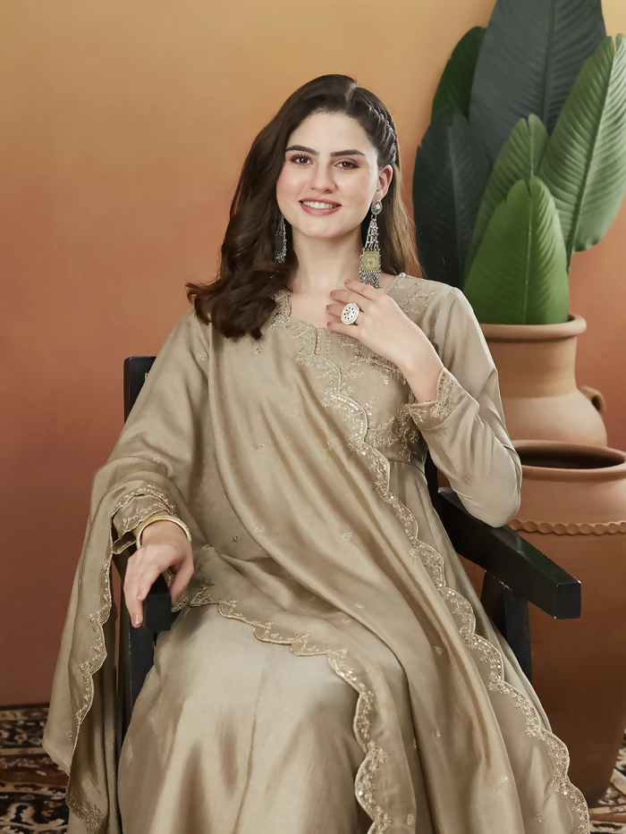 The52 Chiku Women's Beautiful Vichitra Silk Fabric Embroidered Work Flared Anarkali Pant and Dupatta Set