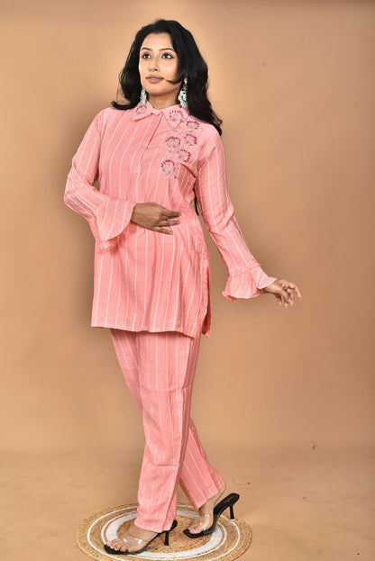 Morchari Women And Hand Embroidery Co-Ords-Peach