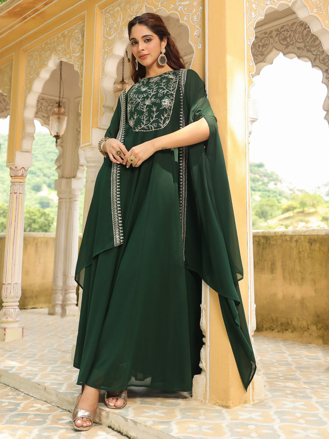 Janasya Dark Green Georgette Embroidered Dress & Jacket