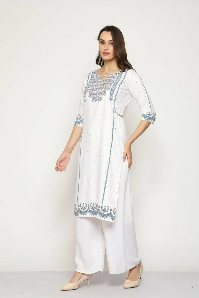 Maai Rayon Hand Printed Kurta Off-White