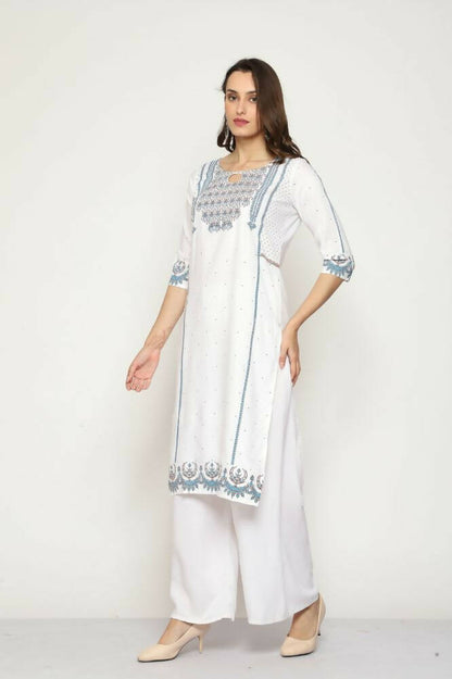 Maai Rayon Hand Printed Kurta Off-White