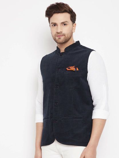 Even Apparels Navy Polyester Men's Nehru Jacket-Contrast Lining-Inbuilt Pocket Square