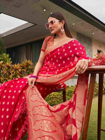 Tikhi Imli Pink Ethnic Motifs Woven Design Zari Saree
