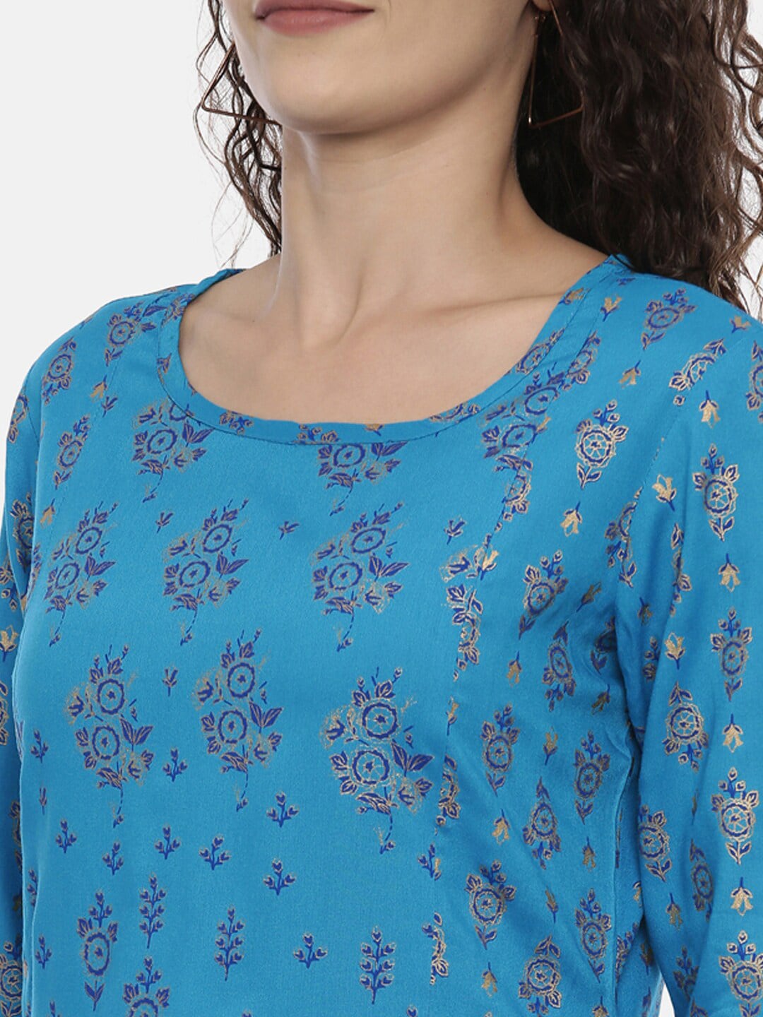 Souchii Turquoise Blue & Gold-Toned Floral Print Kurta with Palazzos