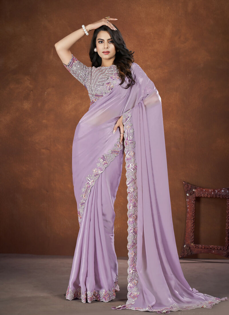 Lavendar Crepe Satin Silk Embroidered Saree with stitched Blouse - Mohmanthan Saha Saki