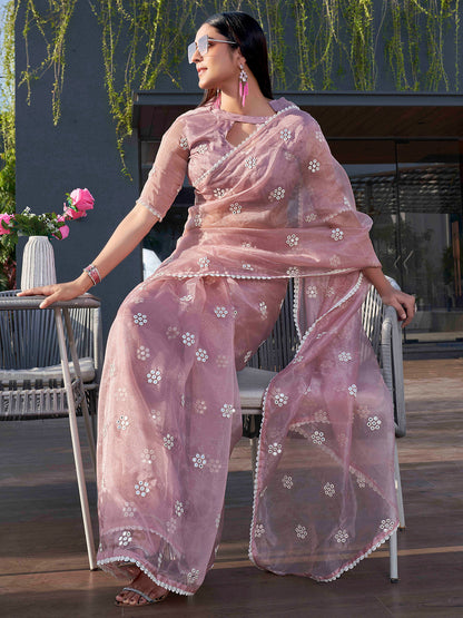 Tikhi Imli Pink Floral Embroidered Mirror Work Organza Saree