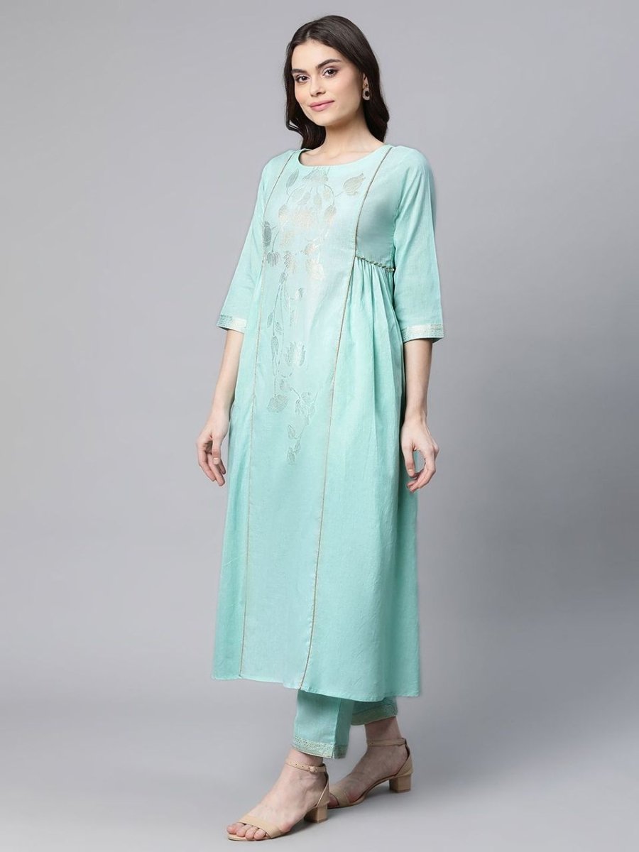 Ahalyaa Women Sea Green Colour Pure Cotton Gold Foil Print Kurta Pant Set