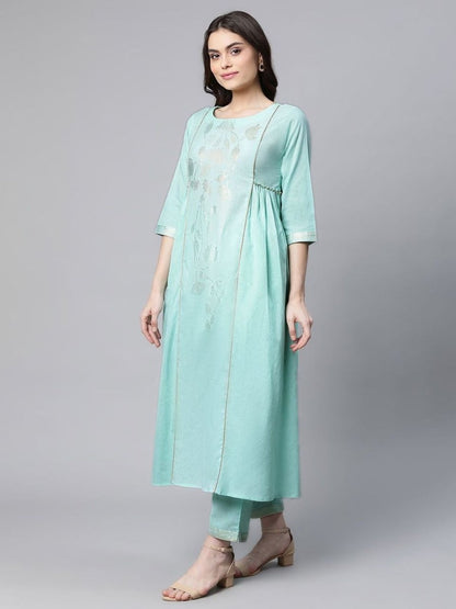 Ahalyaa Women Sea Green Colour Pure Cotton Gold Foil Print Kurta Pant Set