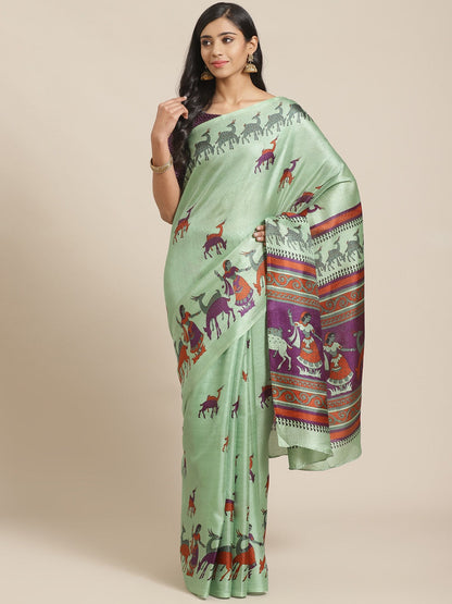 Saree Mall Green & Purple Ethnic Motifs Print Bhagalpuri Saree