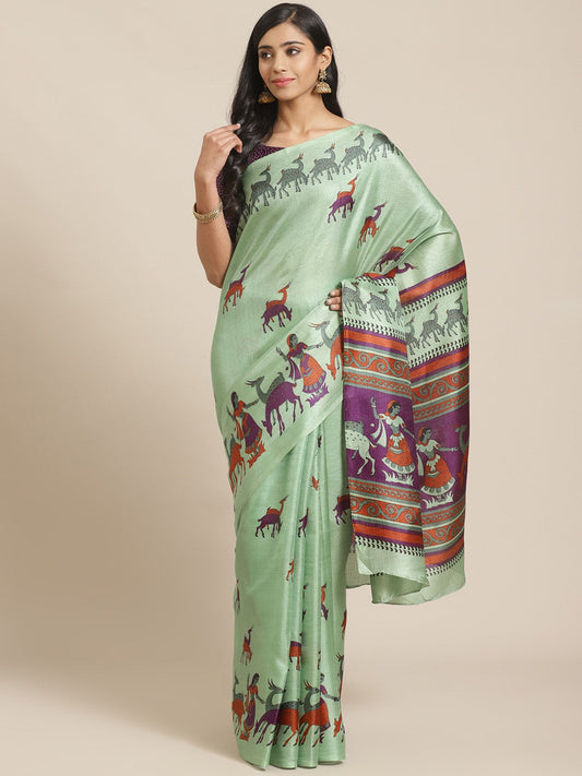 Saree Mall Green & Purple Ethnic Motifs Print Bhagalpuri Saree
