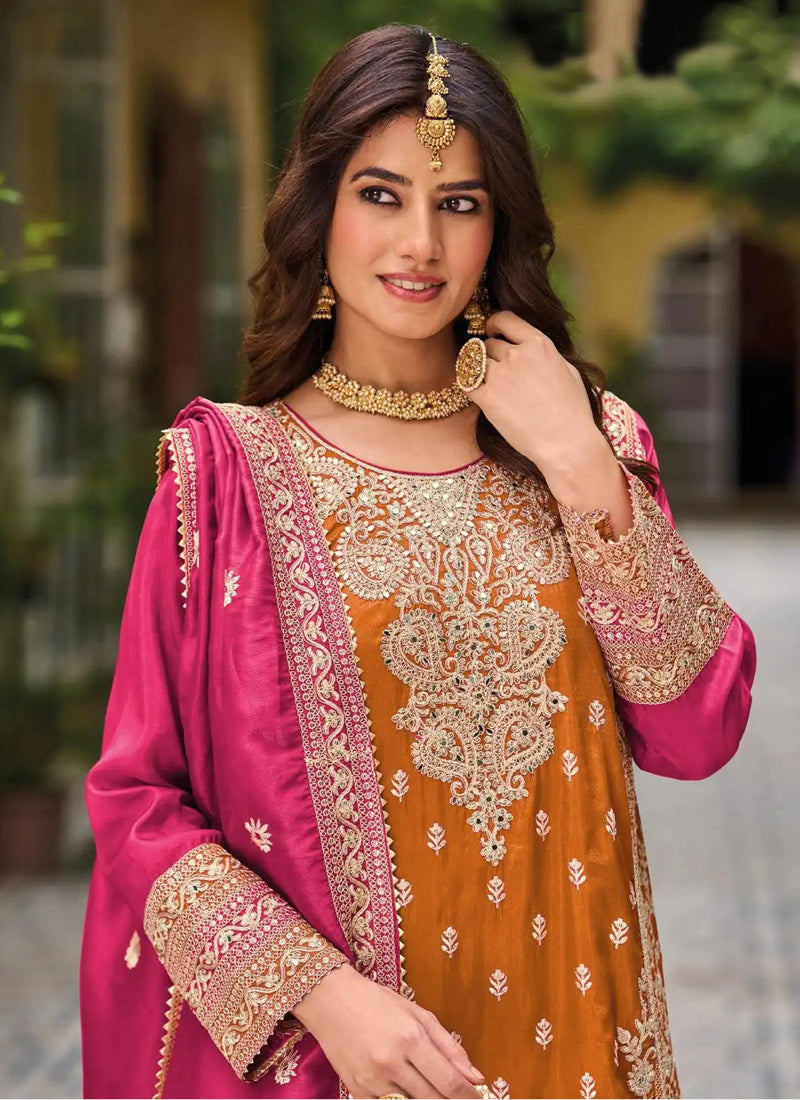 Vegaa Fashion Orange Chinon Silk Embroidered Designer Palazzo Suit