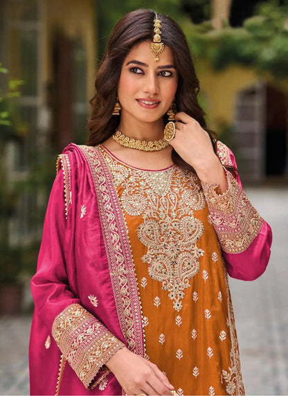 Vegaa Fashion Orange Chinon Silk Embroidered Designer Palazzo Suit