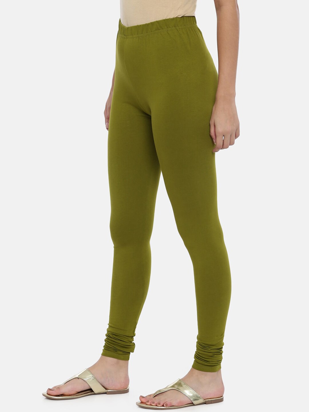 Souchii Olive Green Solid Slim-Fit Churidar-Length Leggings