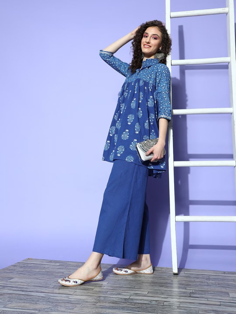 Ahalyaa Blue Pure Cotton Tunic & Palazzos Ethnic Co-Ords