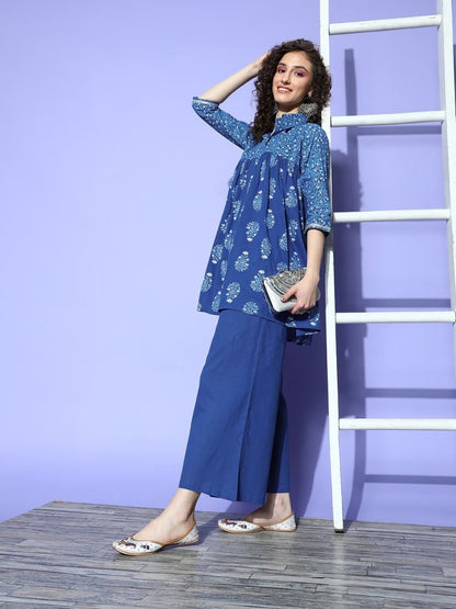 Ahalyaa Blue Pure Cotton Tunic & Palazzos Ethnic Co-Ords