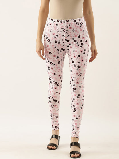 Souchii White & Pink Printed Ankle-Length Leggings
