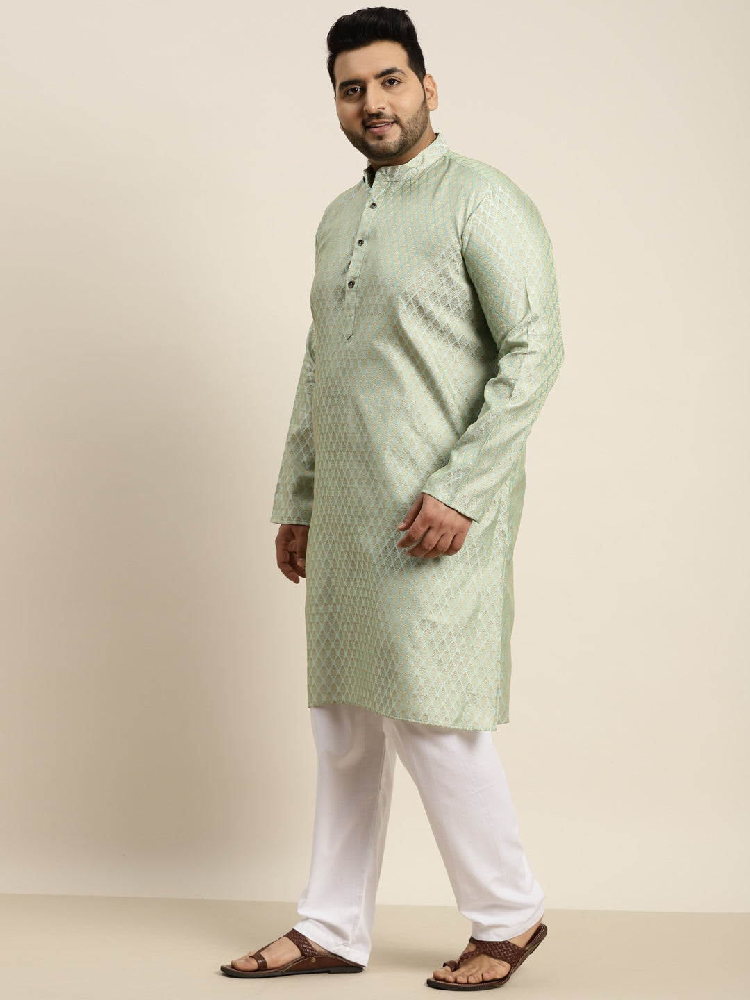 Sojanya Plus Men Green Jacquard Self Design Kurta with Pyjamas