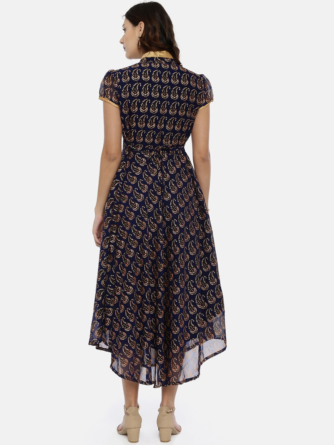 Souchii Navy Blue & Gold Floral Print Fit and Flare Dress