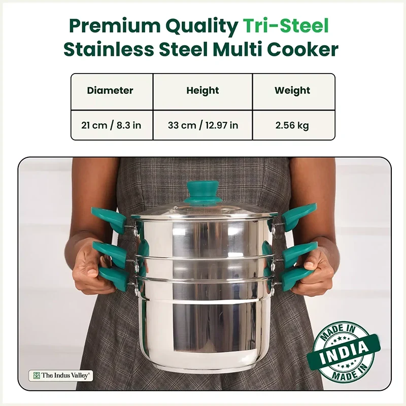The Indus Valley Tri-steel Multi Cooker Pot Premium Stainless Steel Momo Maker/ Idiyappam/ Biryani/  Veg Steaming Set, 3 Pots, 21cm