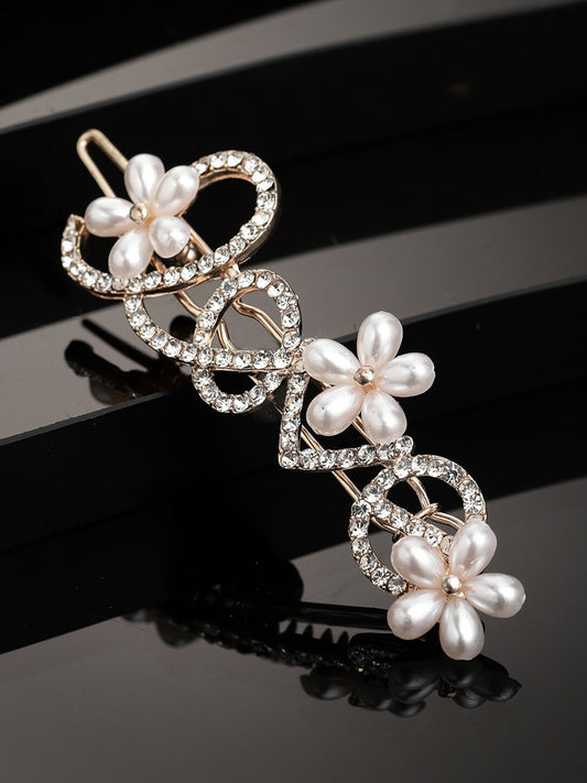 Panash Women Gold-Toned & White Cz-Studded & Beaded Love Hair Pin