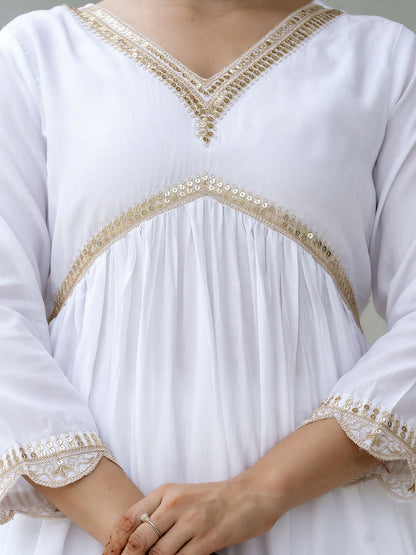 The52 White Women's Gorgeous Embroidered Chanderi Fabric Straight Kurta, Pant and Dupatta Set