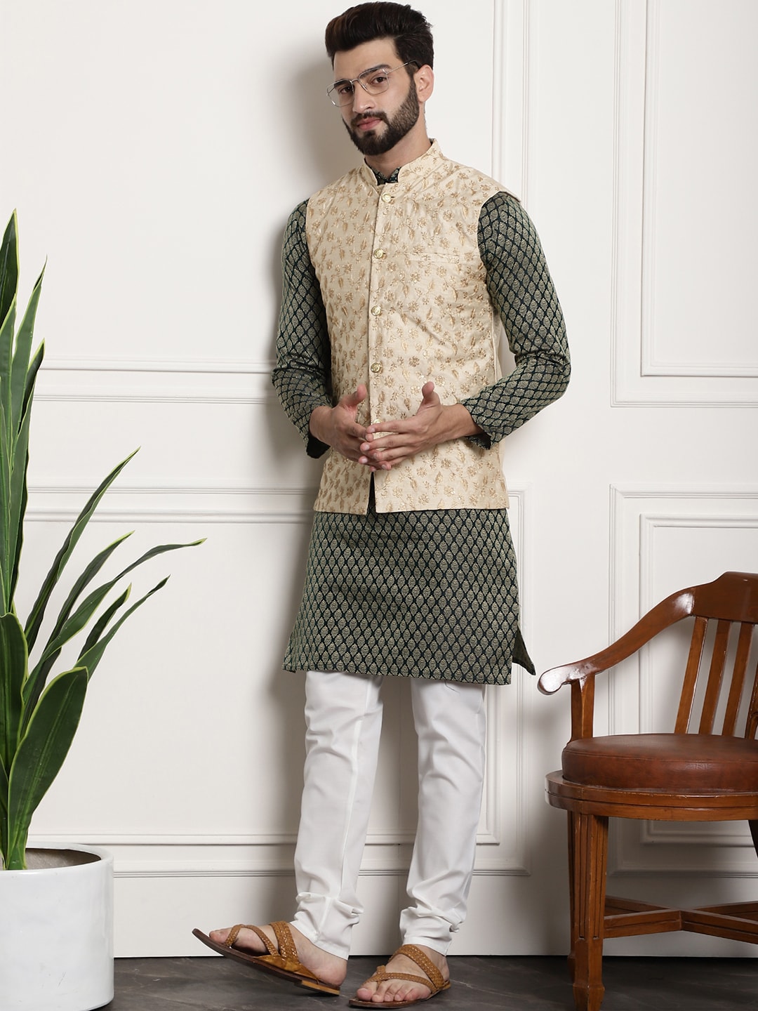 Sojanya Woven Design Mandarin Collar Kurta with Churidar & Nehru Jacket