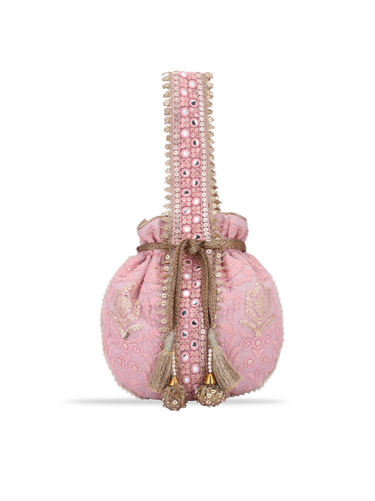 Masq Pink and Gold-Toned Embroidered Potli Clutch