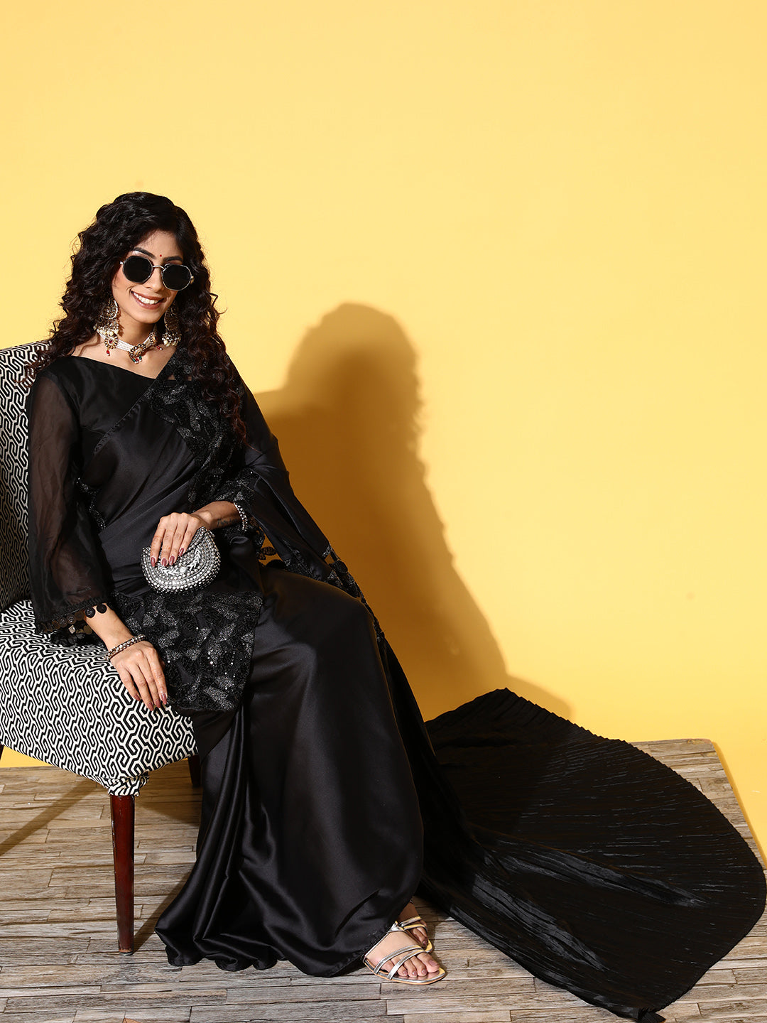 Tikhi Imli Black Floral Sequinned Satin Saree
