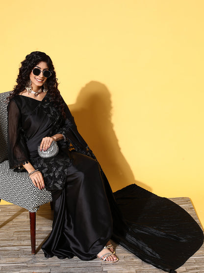 Tikhi Imli Black Floral Sequinned Satin Saree