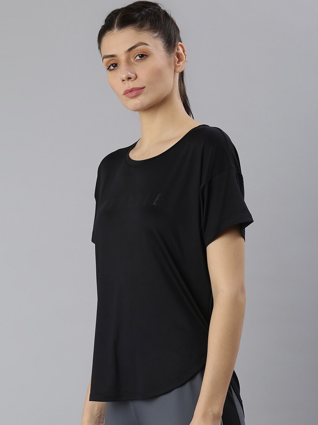 MKH Women Black Typography Printed Dri-FIT Sports T-shirt