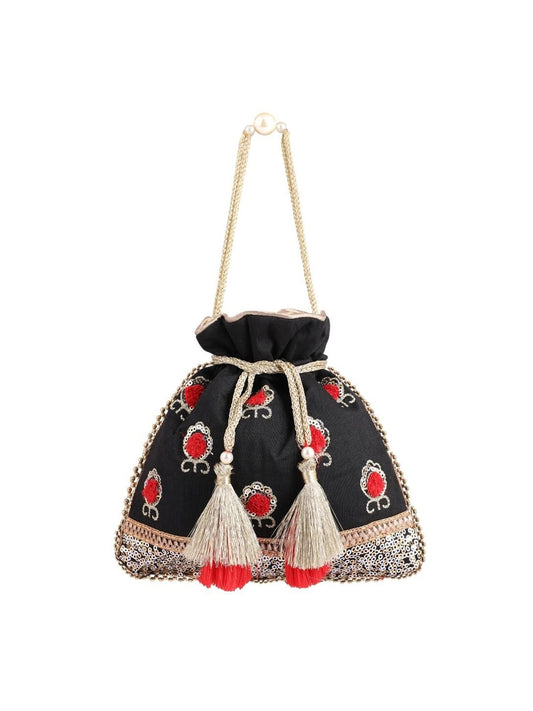 Masq Black & Red Embellished Embroidered Potli Clutch