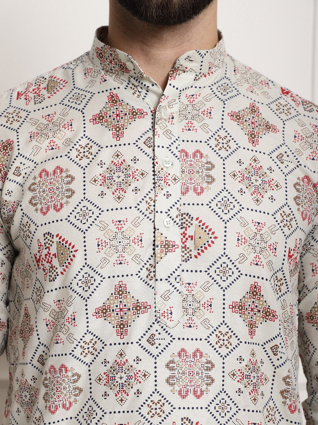 Sojanya Men Beige Printed Cotton Linen Kurta with Churidar