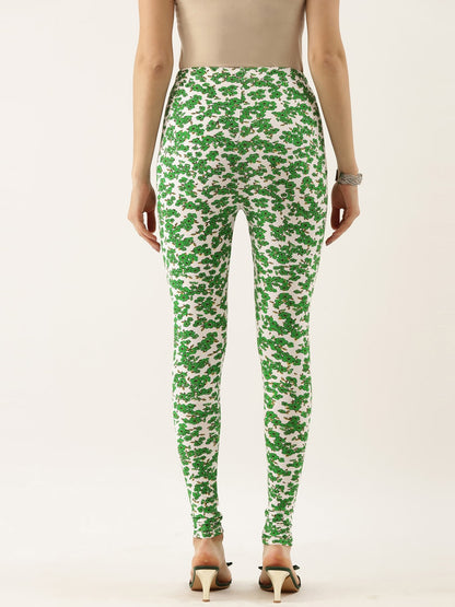 Souchii White & Green Printed Ankle-Length Leggings