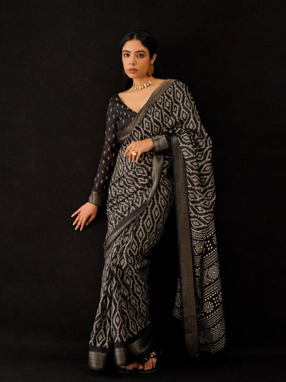 Tikhi Imli Black & Gold Geometric Printed Ready To Wear Saree