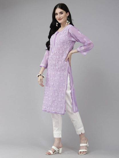ADA Women Purple & White Ethnic Motifs Embroidered Chikankari Georgette Kurta