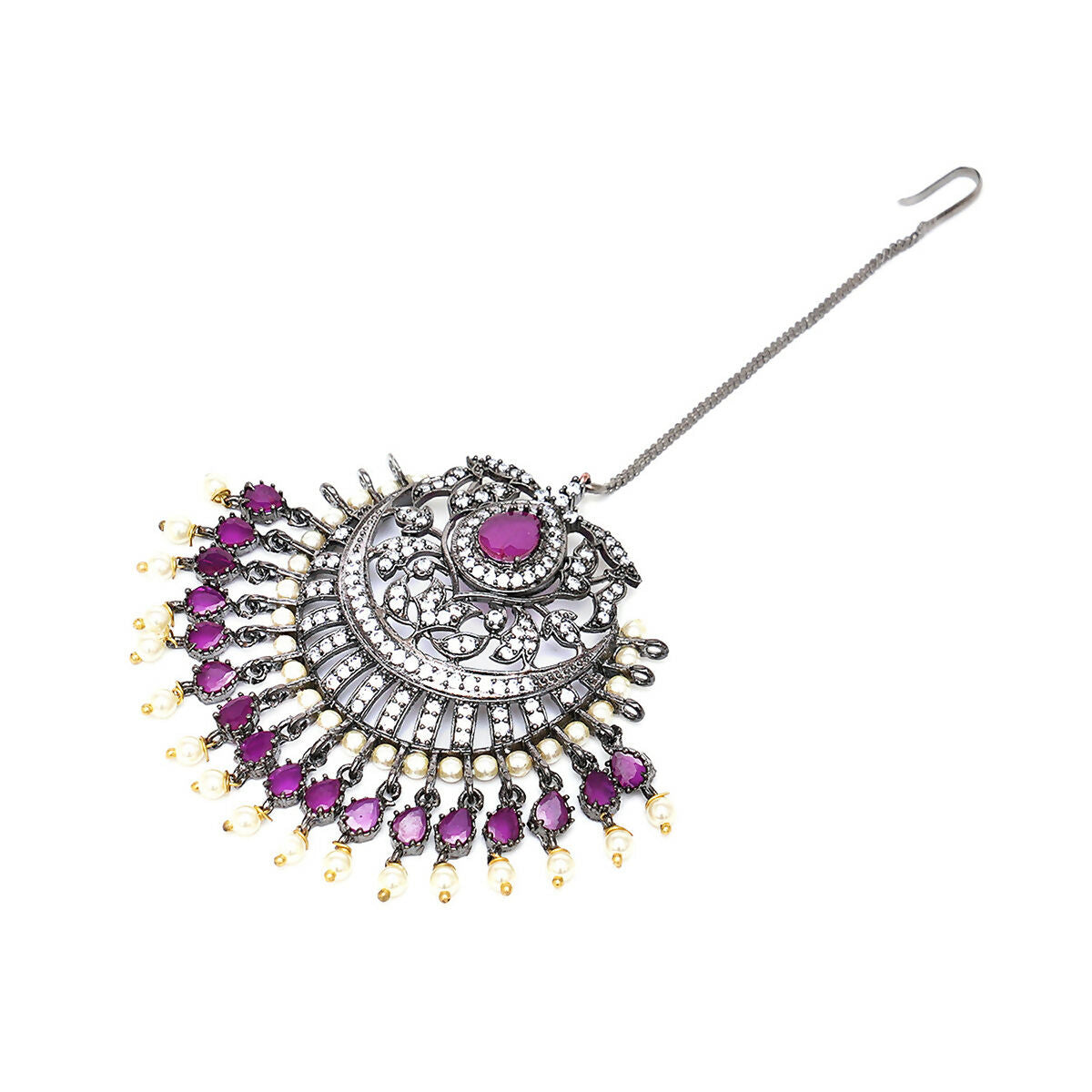 Oversized Diamond & Maroon Stone Maang Tikka- Ruby Raang