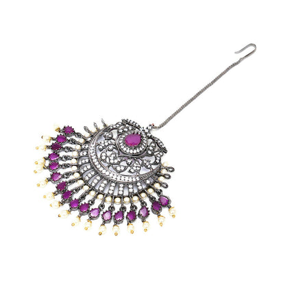 Oversized Diamond & Maroon Stone Maang Tikka- Ruby Raang