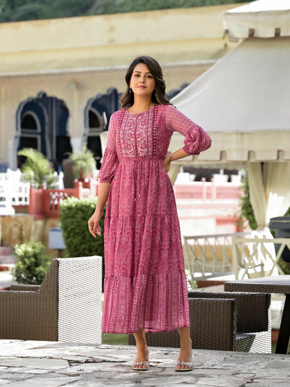Juniper Women's Onion Pink Ethnic Motif Printed Georgette Gathers Maxi Dress With Sequins & Doris