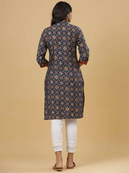Juniper Women's Navy Printed Straight Knee Length Kurta