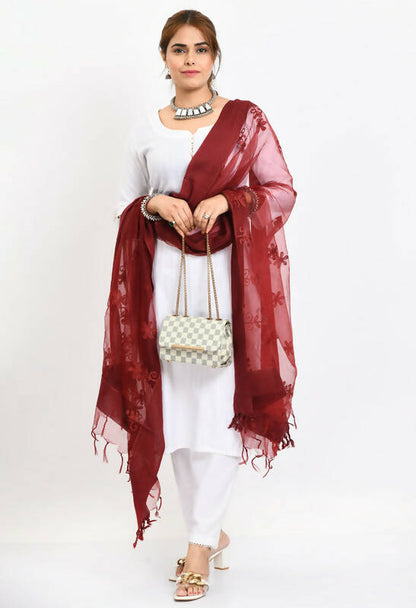 Mominos Fashion Moeza Women's Orgenza All Over Chikan Work Maroon Dupatta