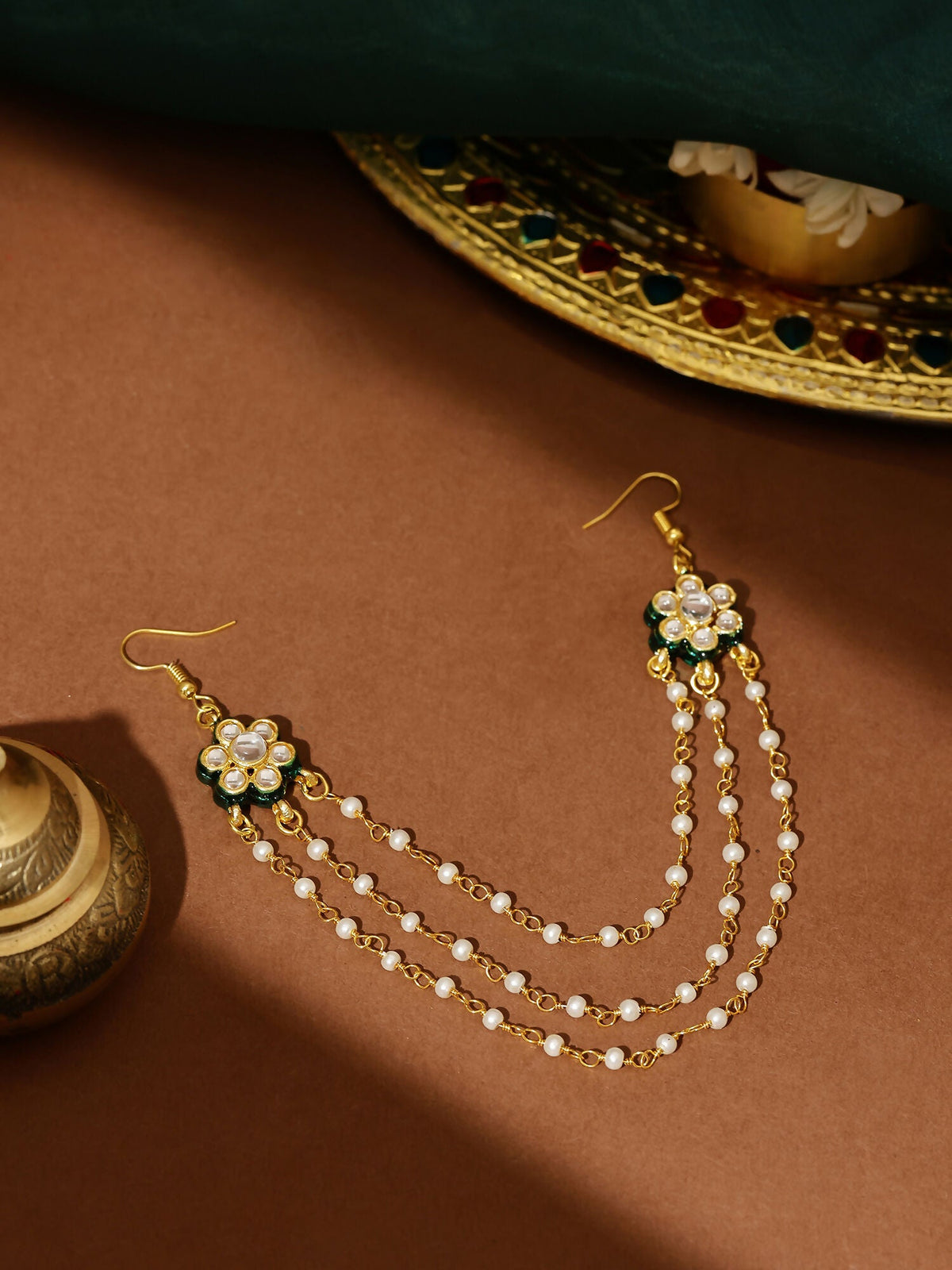 Ruby Raang Gold Green Meenakari & Pearl Hair Jewelry
