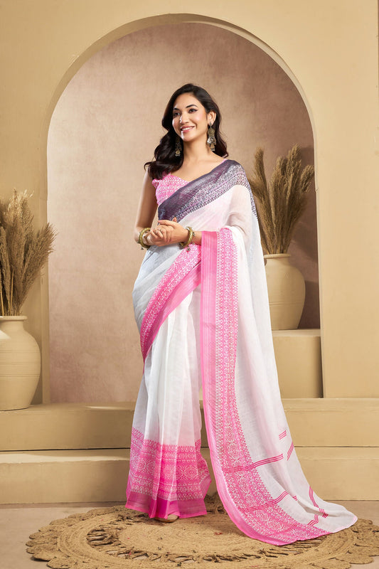 Vastranavya White Digital Printed Linen Ready To Wear Designer Saree with Unstitched Blouse