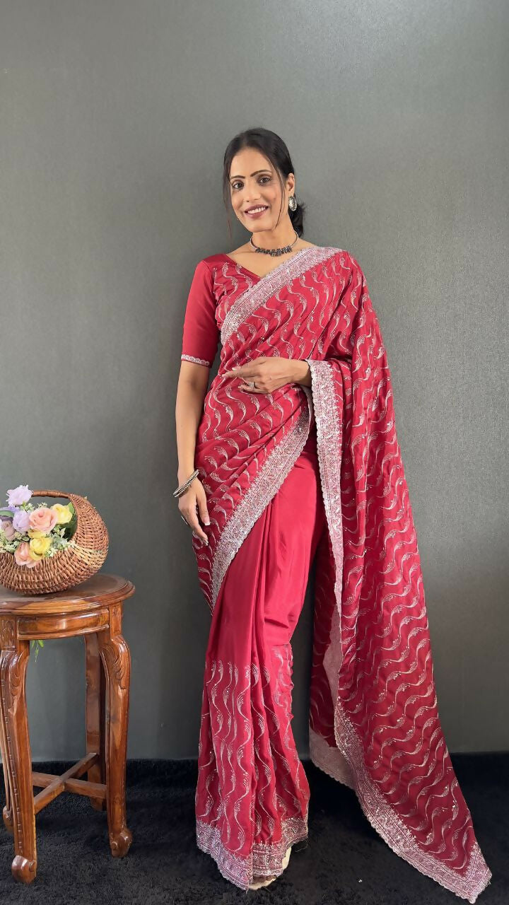 Vastranavya Pink Chinnon Silk Embroidery Multi Sequence & Arco Cut Work Ready to Wear Saree