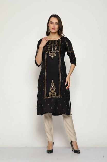 Maai Rayon Hand Printed Kurta Black