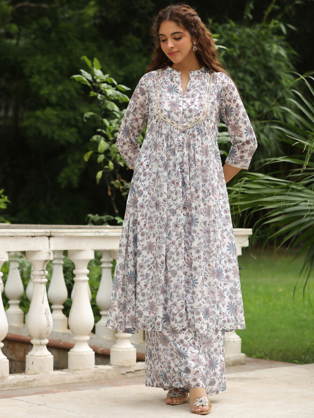 Janasya White Georgette Floral Kurta,Bottom & Dupatta
