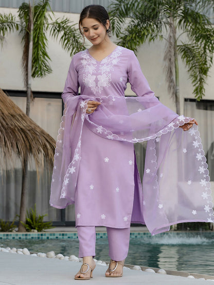 The52 Lavender Women's Beautiful Thread work Rayon Fabric with Straight Kurta, Pant and Dupatta Set