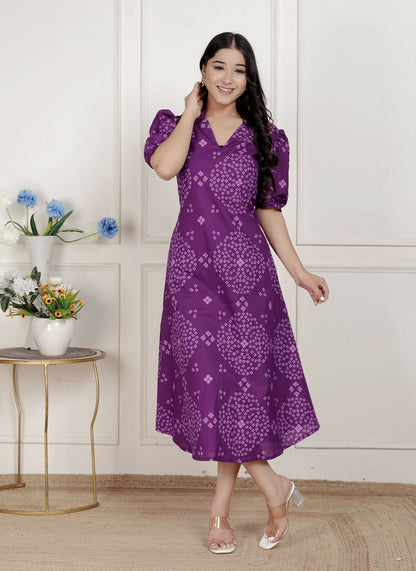 Miravan Womens Purple Bandhani Printed A-Line Maxi Dress
