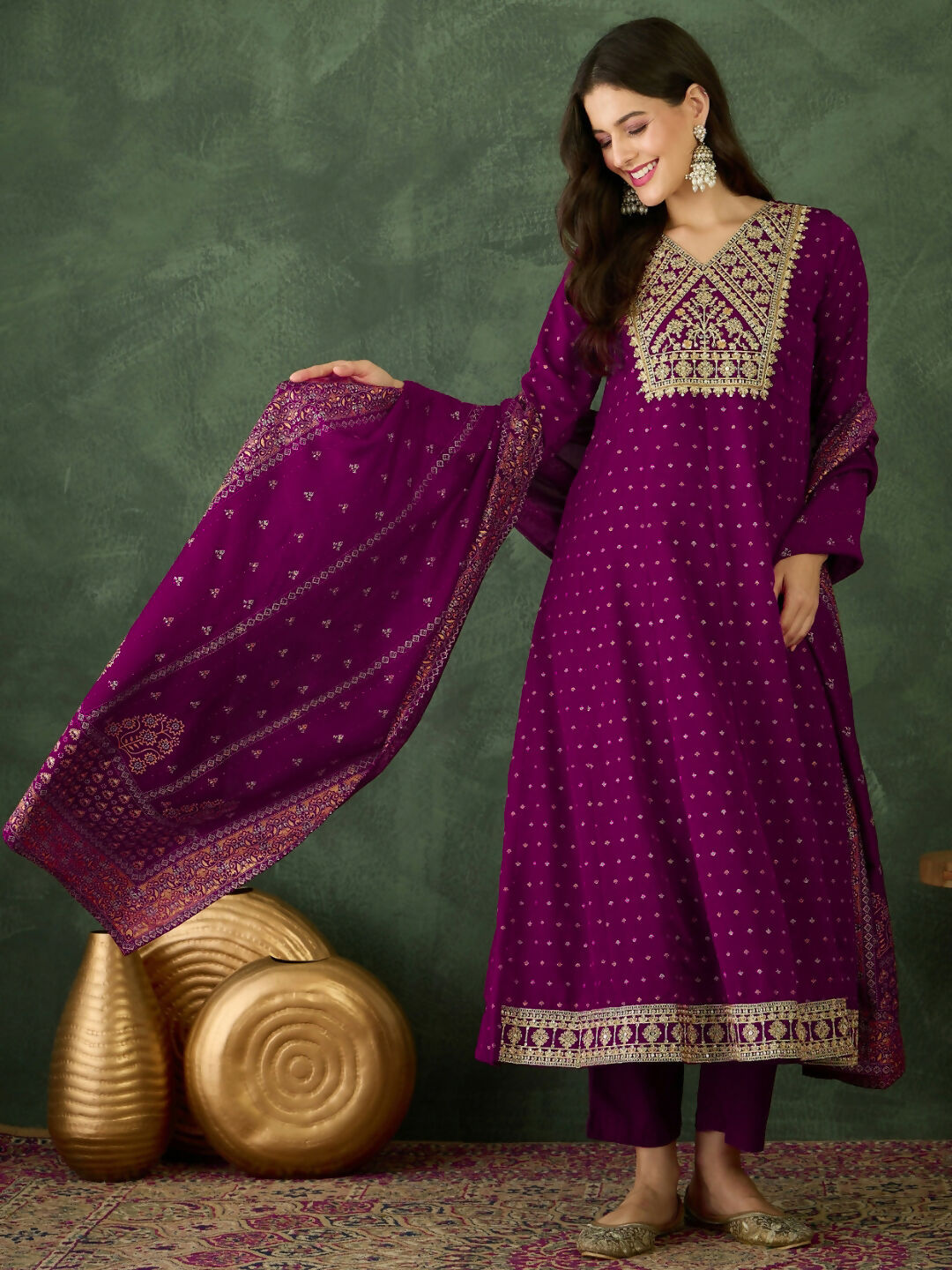 The52 Wine Women's Gorgeous Embroidered Work Vichitra Silk Fabric Flared Kurta Pant and Dupatta Set