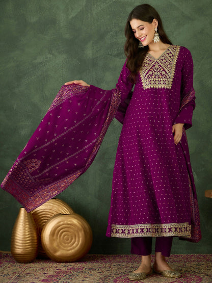 The52 Wine Women's Gorgeous Embroidered Work Vichitra Silk Fabric Flared Kurta Pant and Dupatta Set