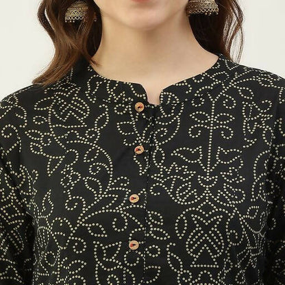 FIORRA Women's Black Printed Flared Cotton Kurta